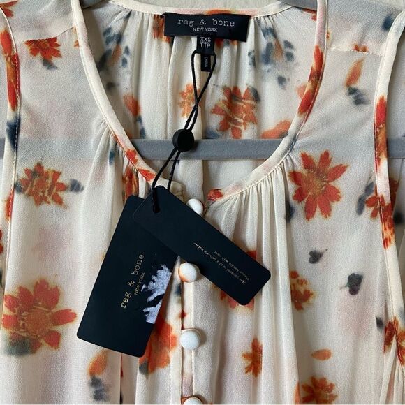 NWT Rag & Bone Cassie Tan Cream Floral Tank Top Pleated Size Xxs - Picture 4 of 6